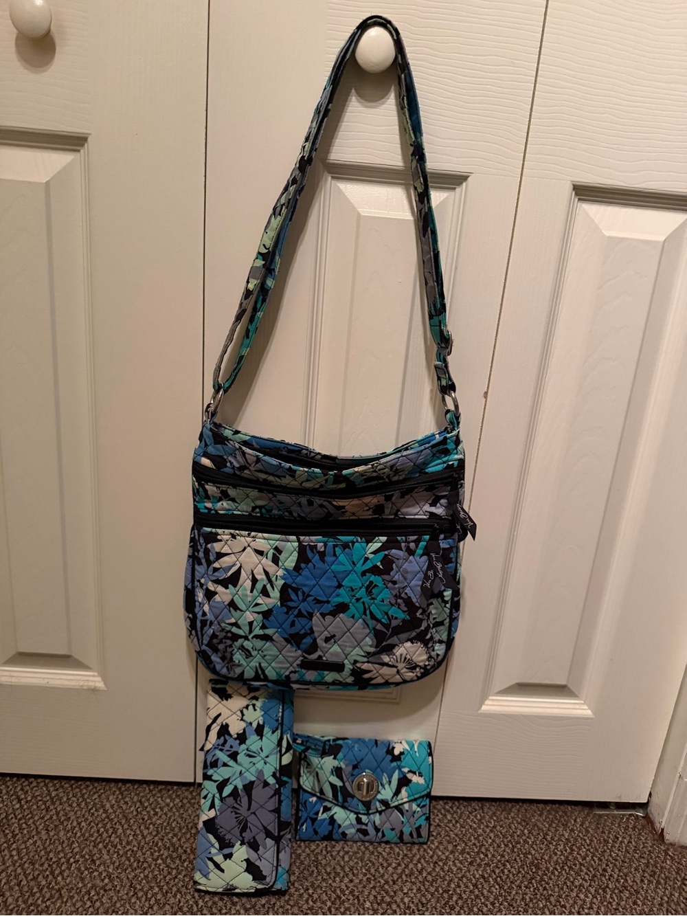 Vera Bradley Quilted Crossbody Bag in Teal, Blue, Mint Floral with 2 Wallets